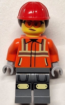 Preowned LEGO® Minifigure – Town cty1818 Construction Worker - Female, Reddish Orange Safety Jacket with Reflective Strip