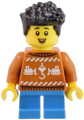 Preowned LEGO® Minifigure – Town cty1820 Child - Boy, Dark Orange Holiday Sweater, Dark Azure Short Legs, Black Hair