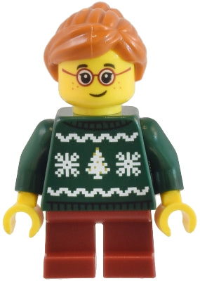 Preowned LEGO® Minifigure – Town cty1821 Child - Girl, Dark Green Holiday Sweater, Dark Red Short Legs, Dark Orange Hair