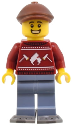 Preowned LEGO® Minifigure – Town cty1822 Man - Dark Red Holiday Sweater, Sand Blue Legs, Reddish Brown Flat Cap, Dark Blu