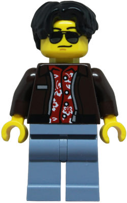 Preowned LEGO® Minifigure – Town cty1852 (Sports Car Driver - Male, Dark Brown Jacket over Red Hawaiian Shirt, Sand Blue Legs