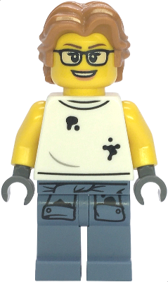 Preowned LEGO® Minifigure – Town cty1856 (Scrapyard Worker - Female, White Sleeveless Shirt with Oil Stains, Sand Blue Legs w