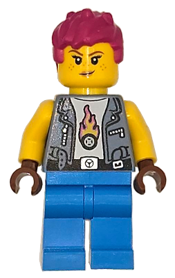 Preowned LEGO® Minifigure – Town cty1870 (Soapbox Race Car Mechanic - Female, Sand Blue Vest, Dark Azure Legs, Magenta Messy