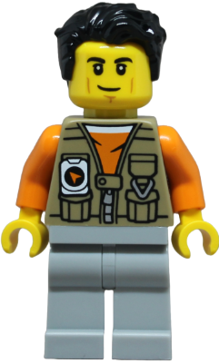 Preowned LEGO® Minifigure – Town cty1876 (Adventurer - Male, Dark Tan Vest over Orange Shirt, Light Bluish Gray Legs, Black H