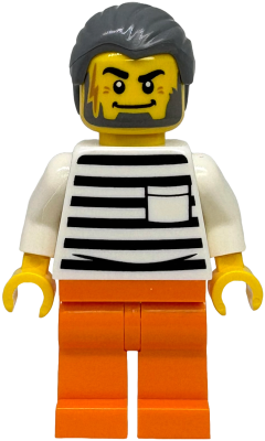 Preowned LEGO® Minifigure – Town cty1890 (Police - City Jail Prisoner Male, White Shirt with Pocket and Black Stripes, Orange