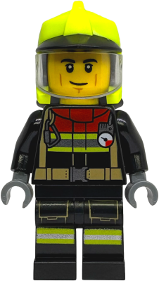 Preowned LEGO® Minifigure – Town cty1903 (Fire - Male, Black Jacket and Legs with Reflective Stripes and Red Collar, Neon Yel
