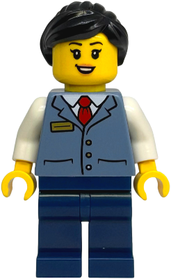 Preowned LEGO® Minifigure – Town cty1904 (Train Driver - Female, Sand Blue Vest over White Shirt, Dark Blue Legs, Black Ponyt