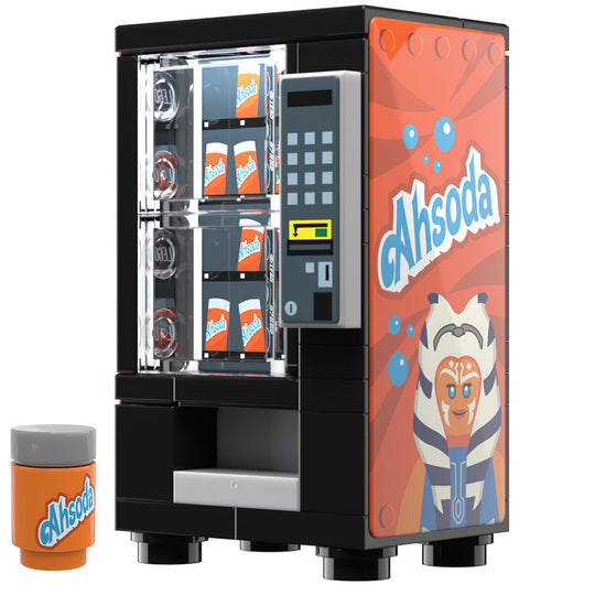 Vending machine with 'Ahsoda' branding and character design on a white background