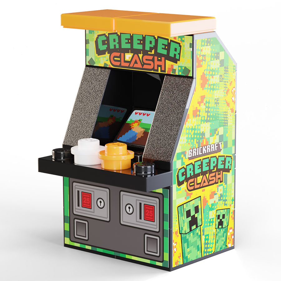 Mini arcade machine themed 'Creeper Clash' with colorful design on a white background