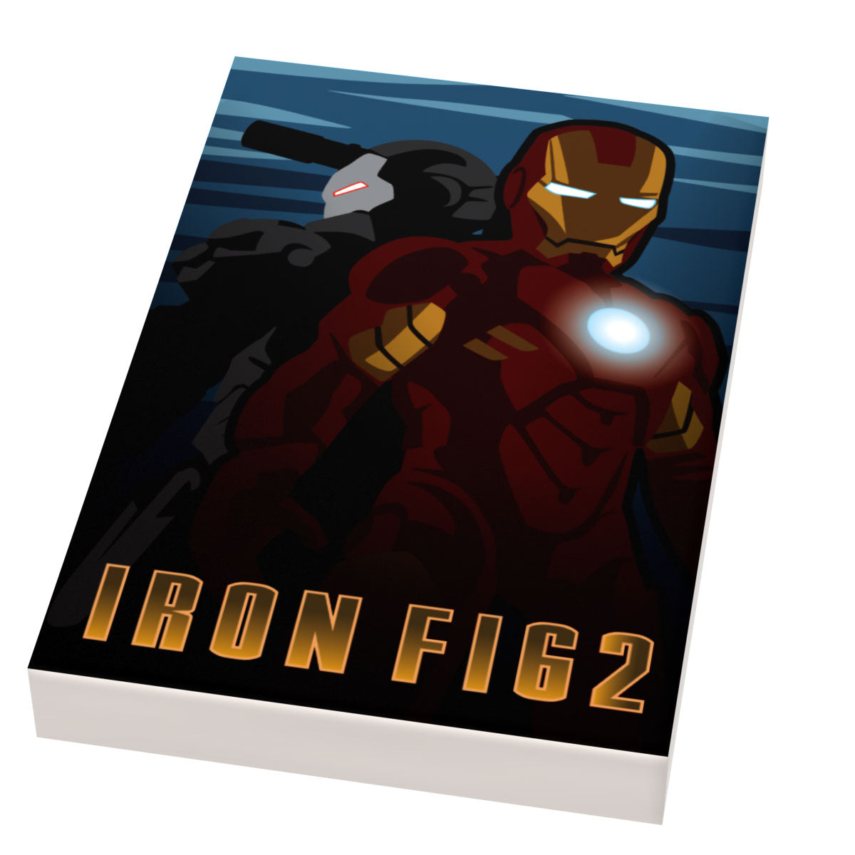 A rectangular printed item, likely a book, box, or card, shown at an angle on a white background. The front features stylized Iron Man artwork with the text 'IRON FIG2' in large gold letters.