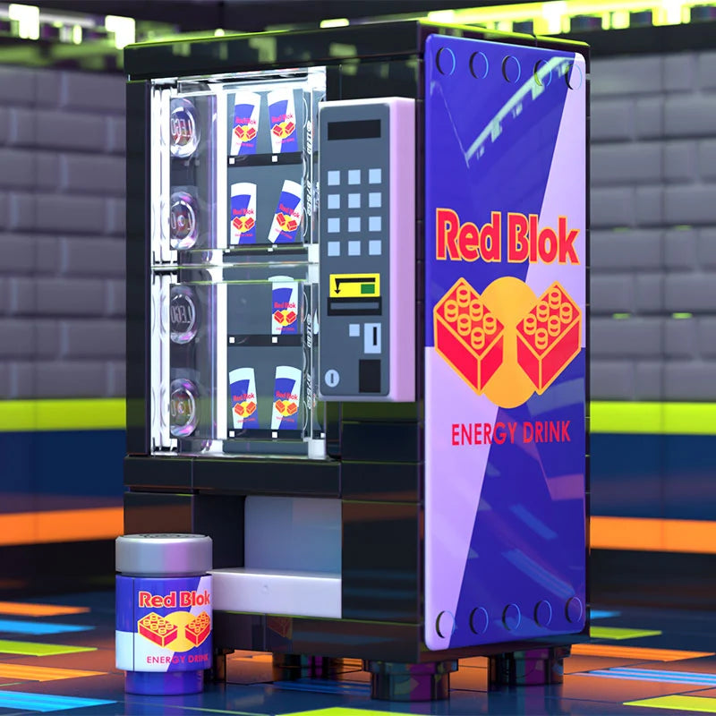 Red Blok Energy Drink Vending Machine custom LEGO build with printed energy drink can