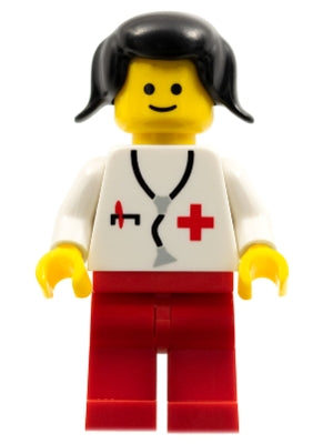 Preowned LEGO® Minifigure – Town doc001 Doctor Stethoscope Red Legs Black Pigtails Hair (Un