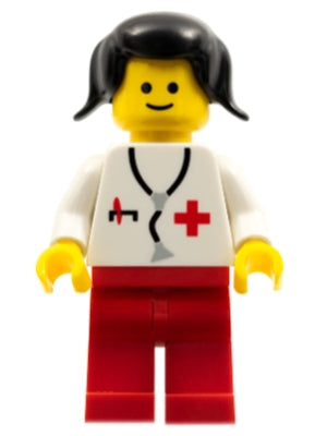 Preowned LEGO® Minifigure – Town doc001a Doctor Stethoscope Red Legs Black Pigtails Hair (V