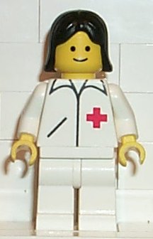 Preowned LEGO® Minifigure – Town doc004 Doctor Straight Line White Legs Black Female Hair