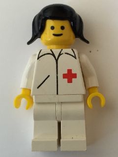 Preowned LEGO® Minifigure – Town doc008 Doctor Straight Line White Legs Black Pigtails Hair