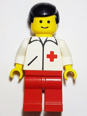 Preowned LEGO® Minifigure – Town doc009 Doctor Straight Line Red Legs Black Male Hair