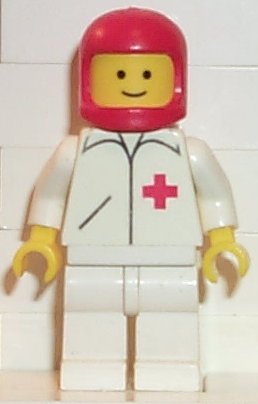 Preowned LEGO® Minifigure – Town doc011 Doctor Straight Line White Legs Red Classic Helmet