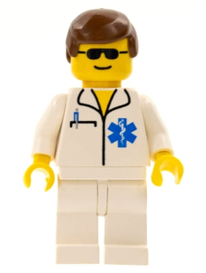 Preowned LEGO® Minifigure – Town doc014 Doctor EMT Star of Life White Legs Brown Male Hair