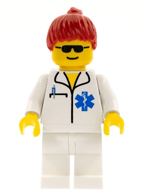 Preowned LEGO® Minifigure – Town doc015 Doctor EMT Star of Life White Legs Red Ponytail Hai