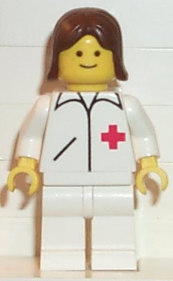 Preowned LEGO® Minifigure – Town doc018 Doctor Straight Line White Legs Brown Female Hair