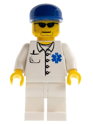 Preowned LEGO® Minifigure – Town doc023 Doctor EMT Star of Life Button Shirt White Legs Blu