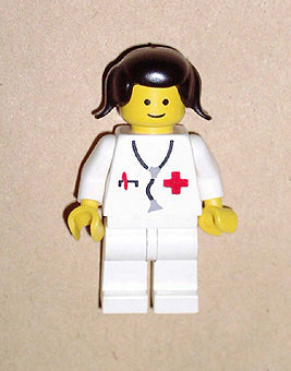 Preowned LEGO® Minifigure – Town doc030 Doctor Stethoscope White Legs Black Pigtails Hair