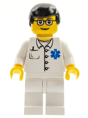 Preowned LEGO® Minifigure – Town doc032 Doctor EMT Star of Life Button Shirt White Legs Bla