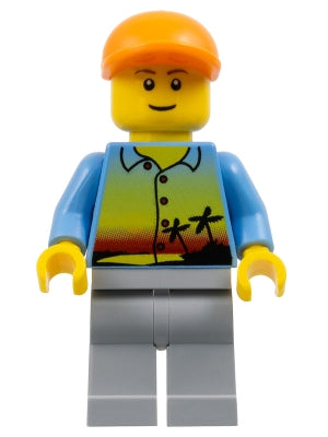 Preowned LEGO® Minifigure – Educational & Dacta edu013 Man - Sunset and Palm Trees Shirt, Light Bluish Gray Legs, Orange Cap
