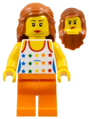Preowned LEGO® Minifigure – Educational & Dacta edu019 Woman - Tank Top with Colored Stars, Orange Legs, Long Dark Orange Hai