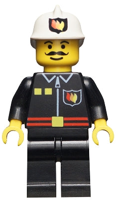 Preowned LEGO® Minifigure – Town firec009 Fire Flame Badge and 2 Buttons Black Legs White F