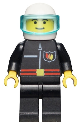 Preowned LEGO® Minifigure – Town firec010 Fire Flame Badge and Straight Line Black Legs Whi