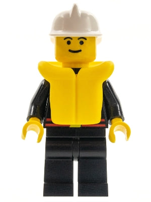 Preowned LEGO® Minifigure – Town firec025 Fire Flame Badge and Straight Line Black Legs Whi