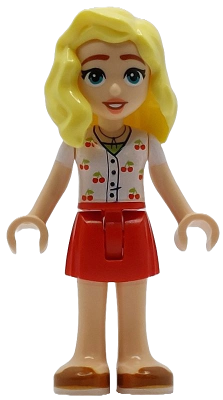 Preowned LEGO® Minifigure – Friends frnd0774 (Friends Matilde - White Top with Cherries, Red Skirt, Dark Orange Shoes)