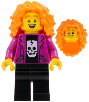 Preowned LEGO® Minifigure – FIRST LEGO League fst040 Rock Singer - Male, Magenta Jacket, Black Skull Shirt and Legs, Orange L