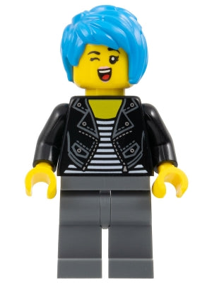 Preowned LEGO® Minifigure – FIRST LEGO League fst042 Photographer - Female, Black Leather Jacket over Shirt with White Stripe