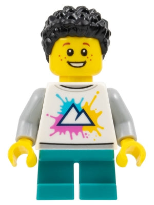Preowned LEGO® Minifigure – FIRST LEGO League fst045 Child - Boy, White Shirt with Mountains Logo, Dark Turquoise Short Legs