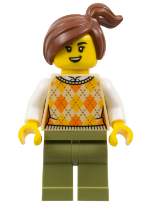 Preowned LEGO® Minifigure – Promotional gen191 (Corner Kiosk Customer - Female, Tan Knit Argyle Sweater Vest, Olive Green Leg