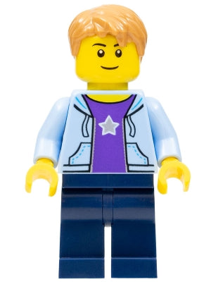 Preowned LEGO® Minifigure – Holiday & Event hol084 Boy Bright Light Blue Hoodie w/White Sta