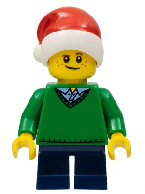 Preowned LEGO® Minifigure – Holiday & Event hol112 Boy Green V-Neck Sweater Dark Blue Short