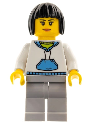 Preowned LEGO® Minifigure – Holiday & Event hol193 Woman Black Hair White Hoodie w/Medium B