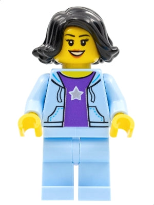 Preowned LEGO® Minifigure – Holiday & Event hol261 Woman Black Hair Bright Light Blue Jacke