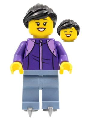 Preowned LEGO® Minifigure – Holiday & Event hol277 Woman Black Hair Dark Purple Jacket Sand