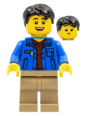 Preowned LEGO® Minifigure – Holiday & Event hol282 Man Black Hair Blue Jacket Dark Red Shir