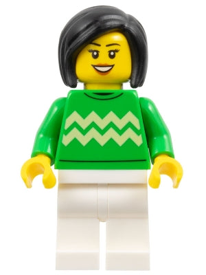 Preowned LEGO® Minifigure – Holiday & Event hol338 Woman - Bright Green Sweater with Bright Light Yellow Zigzag Lines, White