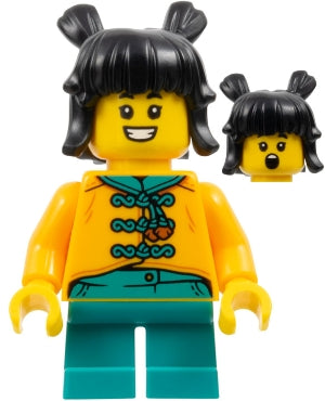 Preowned LEGO® Minifigure – Holiday & Event hol339 Child - Girl, Bright Light Orange Tang Jacket, Dark Turquoise Short Legs,