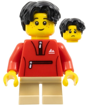 Preowned LEGO® Minifigure – Holiday & Event hol342 Child - Boy, Red Tracksuit Jacket, Tan Short Legs, Black Hair