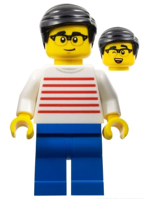 Preowned LEGO® Minifigure – Holiday & Event hol343 Man - White Sweater with Red Horizontal Stripes, Blue Legs, Black Hair, Gl