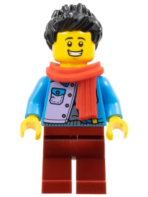 Preowned LEGO® Minifigure – Holiday & Event hol346 Man - Dark Azure Jacket over Silver Shirt, Dark Red Legs, Black Hair, Red