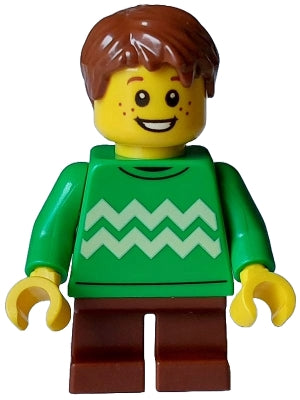 Preowned LEGO® Minifigure – Holiday & Event hol351 Child - Boy, Bright Green Sweater with Bright Light Yellow Zigzag Lines, R