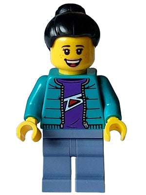 Preowned LEGO® Minifigure – Holiday & Event hol353 Woman - Dark Turquoise Jacket over Dark Purple Shirt, Sand Blue Legs, Blac